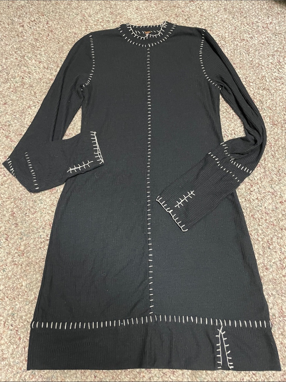 Free people long sleeve black high neck minidress with white stitch accent